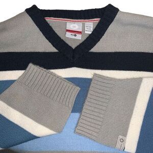 Y2K Southpole Sweater Men XL Blue Stripe V-Neck Knit Cozy Academia Stretch Flaws